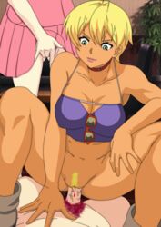 1boy 2girls blonde_hair blood boots brown_hair clothed_sex collar dark_skin defloration dress fingering green_eyes kurase_mayumi lipstick masturbation mito_ikumi navel penetration pubic_hair sex shokugeki_no_souma short_hair straight top vaginal_penetration virgin yukihira_souma