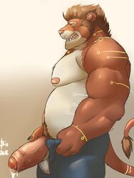 1boy animal_genitalia anthro balls belly ben biceps big_penis brown_fur brown_hair clothing cum facial_hair fangs feline fur grope hair hand_on_penis hi_res lion male male_only mammal markings masturbation musclegut nipples pecs penis pink_nose precum pubes sideburns smile solo teeth thick_penis tongue underwear vein white_fur