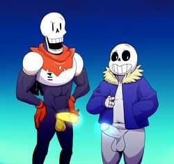 balls bone clothing duo elfein glowing glowing_penis male male_only mammal monster papyrus penis sans simple_background skeleton smile tagme undead undertale video_games