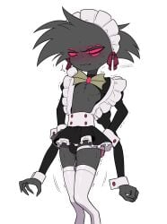 4_arms absurd_res arachnid arackniss arackniss_(hazbin_hotel) arthropod bodily_fluids bulge clothing crossdressing_male demon enaic31 hazbin_hotel hellaverse hi_res hidden_vibrator maid_headdress maid_uniform male multi_arm multi_eye multi_limb sex_toy solo spider sweat uniform vibrator