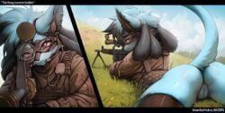 2025 amarihel anthro artist_collaboration ass blue_body blue_fur blue_hair blue_tail clothed clothed_anthro clothed_female clothing cloud digital_drawing_(artwork) digital_media_(artwork) ear_piercing female fur generation_4_pokemon gun hair hi_res inner_ear_fluff iskra legwear looking_at_viewer looking_back looking_back_at_viewer lucario lying nintendo on_front outside piercing pokemon pokemon_(species) presenting ranged_weapon rear_view red_eyes sky solo tail thigh_highs topwear tuft weapon