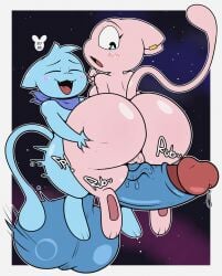 absurd_res anthro ass balls big_balls big_butt big_penis blue_body blush bodily_fluids butt_grab closed_eyes duo ear_piercing english_text erection female generation_1_pokemon genital_fluids genitals hand_on_butt hi_res huge_balls huge_butt huge_cock hyper hyper_balls hyper_genitalia hyper_penis legendary_pokemon looking_at_genitalia looking_at_penis looking_back luanctoons male male/female mew_(pokemon) nintendo nude onomatopoeia open_mouth penis penis_awe piercing pink_body pokemon pokemon_(species) precum scarf shiny_pokemon sound_effects text thick_thighs wide_hips