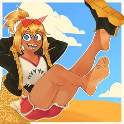1girls alternate_version_available barefoot blonde_hair bottomwear clothed clothing dark-skinned_female dark_skin female_only foot_fetish foot_focus footwear glasses_on_head hands_behind_head highres humanoid original_character shark_girl shoes sitting soles solo tinsay_(artist) topwear two_tone_feet