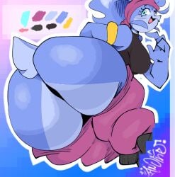 1boy 1girls 2025 4_fingers adorable adorasexy avian avian_humanoid beauty_mark big_ass big_breasts bird bird_girl black_tank_top blue_body blue_feathers blue_hair breasts cute female green_eyes huge_ass looking_at_viewer looking_back looking_back_at_viewer magenta_pants male mole mole_under_eye no_panties other8947 pants pants_down pussy sssonic2 tagme tango_(sssonic2) tank_top thick_thighs vagina