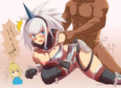 1boy 2girls armor aurastack bent_over blonde_hair blue_eyes blush bodysuit boots breast_grab breasts capcom cleavage crossover dark-skinned_male dark_skin doggy_style elbow_gloves female from_behind gloves hairband hood horn horns huge_breasts human interracial kirin_(armor) long_hair male metroid monster_hunter muscle nintendo nipples nude nude_male partially_translated penis ponytail pussy_juice samus_aran sex silver_hair straight tears text thighhighs tied_hair translation_request wet zero_suit