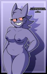2020 absurd_res anthro anthrofied breasts curvy_figure eyelashes female generation_1_pokemon gengar genitals gradient_background grin hands_on_hips happy hi_res inverted_nipples legs_together looking_away navel nintendo nipples nude pink_sclera plump_(character) pokemon pokemon_(species) pokemorph portrait pubes purple_background purple_body purple_nipples pussy shadow simple_background slightly_chubby smile solo surrealatorium teeth text thick_thighs three-quarter_portrait url voluptuous vulva