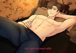1boy 2d abs alternate_version_available arms_behind_back athletic athletic_male bed bedroom belly_button black_eyes brown_hair bulge clothed clothing dialogue digital_drawing_(artwork) digital_media_(artwork) english_text gay hand_on_hip jeans looking_at_penis male male_focus male_only muscular muscular_male nexophyte open_clothes open_shirt pants penis penis_bulge roblox roblox_game roblox_horror_games robloxian solo solo_focus solo_male source_request text the_butchery white_skin william_(the_butchery) yaoi