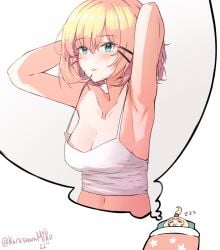 1girls arm_behind_head armpit armpit_crease armpit_focus armpit_peek armpits arms_behind_head belly belly_button blonde_eyebrows blonde_female blonde_hair blonde_hair blonde_hair_female blue_eyes blue_eyes_female blush blush_face blushing_at_viewer blushing_female blushing_lines breasts camisole cleavage collarbone digital_drawing digital_media elbows female female_focus female_only hair_between_eyes hair_clip hair_clips hairclip hairclips hairless_armpits hand_behind_head hands_behind_head high_resolution highres karasawamiko lean_figure lips looking_at_viewer medium_breasts medium_hair midriff millie_parfait narrow_waist navel nipple_bulge shaved_armpits shoulders simple_background slender_body slender_waist slim_waist solo standing upper_body white_background zenless_zone_zero
