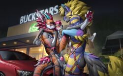2_horns 5_fingers animal_genitalia animal_penis anthro ass balls big_dom_small_sub bite biting_lip blue_body blue_eyes blush bodily_fluids canid canine canine_genitalia canine_penis car choker codyblue-731 coffee_cup coffee_shop container cum cum_in_ass cum_inside cum_on_chest cum_on_penis cum_while_penetrated cup dominant double_penetration ear_piercing ejaculation fingers fox fur genital_fluids genitals group hair harness hi_res horn hybrid inflation inflation jewelry kira_kathell knot knotted_penis leaking_cum male male/male male_penetrated male_penetrating mammal mane nardoragon necklace night nude open_mouth orange_body pawpads paws penetration penis piercing pink_hair psychofuchs sex size_difference smile smirk stomach_bulge striped_body stripes trio vehicle vein veiny_penis white_balls yellow_eyes