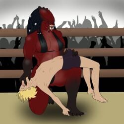 alien/human backbreaker balls barkkorn curious dominant_female erection erection_under_clothes female fondling_balls groping_through_clothes human imminent_sex intimacy male monster ocs playful submissive_male wrestling wrestling_ring yautja