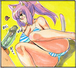 animal_ears ass bikini blazblue breasts cat_ears censored cleavage condom condom_on_penis glasses kikuta kokonoe panties penis purple_hair striped striped_panties striped_swimsuit swimsuit tail underwear yellow_eyes