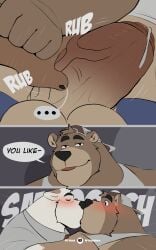 2024 abs absurd_res anthro areola balls bara bear bedroom biped black_eyes bodily_fluids bottomless canid canine canis chest_tuft clothed clothing comic digital_media_(artwork) domestic_dog duo embarrassed erection fingers fur genital_fluids genitals hair hi_res huge_cock interspecies kissing kissing_sound_effect male male/male mammal multicolored_body multicolored_fur multiple_scenes musclegut muscular muscular_anthro muscular_male narrowed_eyes neck_tuft nude overweight overweight_anthro overweight_male partially_clothed penis precum presenting seductive sequence sitting smile speech_bubble tagme teasing text thick_penis tongue toony tuft vein veiny_penis vitashi yaoi