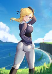 1girl absurdres ascot ass azur_lane black_boots black_ribbon blonde_hair blue_eyes blue_ribbon blue_shirt blue_sky boots chains cliff cloud commission day english_commentary feet_out_of_frame female from_behind girarikyo gloves grass grin hair_ribbon hand_on_own_head hand_on_own_hip highres hood_(azur_lane) hood_(gentlewoman_and_stallion)_(azur_lane) lighthouse long_hair long_sleeves looking_at_viewer looking_back ocean official_alternate_costume outdoors pants pants_tucked_in ribbon riding_boots riding_outfit shirt sky smile solo standing sunlight white_ascot white_gloves white_pants