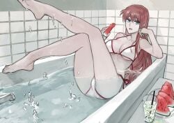 aged_up barefoot bath bathing bathroom bathtub bikini blue_eyes breasts cleavage eating feet feet_up female female_only food fruit full_body gintama gintama:_be_forever_yorozuya kagura_(gintama) legs_up long_hair looking_at_viewer medium_breasts orange_hair pale-skinned_female pale_skin partially_submerged sitting smile solo watermelon wet_body wet_skin white_bikini zakirsiz