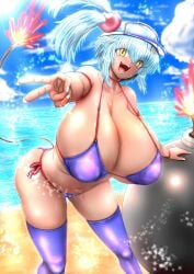 :d bikini blush bomb bombergirl contrapposto gigantic_breasts happy konami shiro_(bombergirl) smile swimsuit thick_thighs white_nails wide_hips