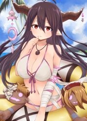 ahoge akkii_☆ akky_(akky1127) bandaged_arm bandages bikini black_hair blue_sky blush breasts clavicle cleavage clothing cloud cloudy_sky crescent danua draph_race_(granblue_fantasy) ear eyebrows eyebrows_visible_through_hair female granblue_fantasy gretel_(granblue_fantasy) hair_between_eyes hansel_(granblue_fantasy) high_resolution horns innertube jewelry large_breasts long_hair looking_at_viewer navel necklace one_arm_up pendant pointed_ears red_eyes sky solo swimsuit thumb_to_mouth water water_float white_bikini white_swimsuit
