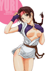 blush braid breasts breasts_out brown_eyes brown_hair dougi fingerless_gloves gloves headband junkie king_of_fighters open_clothes shirt_lift snk yuri_sakazaki