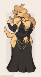 2024 5_fingers amelia_steelheart anthro artist_name belly big_breasts big_thighs biped black_clothing black_dress black_nose blonde_hair breasts brown_eyes canid canine canis cleavage clothed clothing domestic_dog doodledox dress eye_through_hair eyebrow_through_hair eyebrows female fingers fur furry furry_female hair hi_res hollow_hip_backless_chain_dress huge_breasts mammal retriever solo solo_female tail thick_thighs thighhighs thighs translucent translucent_hair yellow_body yellow_fur yellow_hair