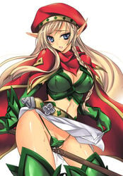 allean armor beret blue_eyes blush breasts brown_hair cape crotch_rub elf female greaves hat large_breasts leaf_panties leaf_print long_hair masturbation panties pointy_ears print_panties pussy_juice queen's_blade sanshoku_amido skirt skirt_lift solo sweat underwear