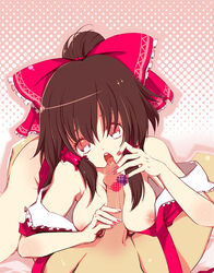 bottomless bow breasts brown_hair censored fellatio female gin_(oyoyo) hair_tubes hairbow halftone halftone_background human jpeg_artifacts large_breasts licking licking_penis long_hair male nail_polish nipples open_clothes oral paizuri penis penis_lick ponytail precum reimu_hakurei straight tied_hair touhou