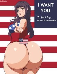 big_ass bubble_butt callister chainsaw_man huge_ass leotard looking_at_viewer mitaka_asa patriotic_clothing petite_breasts pixel_art smile swimsuit talking_to_viewer united_states_of_america voluptuous_female yoru_(chainsaw_man)