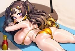 1girls ai_generated anya_melfissa ass beach_towel bikini blonde_hair brown_hair gold_bikini hololive hololive_indonesia huge_breasts long_hair purple_eyes thighs virtual_youtuber