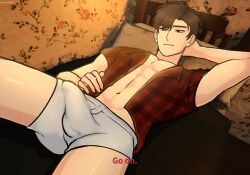 1boy 2d abs alternate_version_available arms_behind_back athletic athletic_male bed bedroom belly_button black_eyes brown_hair bulge clothed clothing dialogue digital_drawing_(artwork) digital_media_(artwork) english_text flannel flannel_shirt hand_on_hip jeans looking_at_penis male male_focus male_only muscular muscular_male nexophyte open_clothes open_shirt pants penis penis_bulge roblox roblox_game roblox_horror_games robloxian solo solo_focus solo_male source_request tagme text the_butchery white_skin william_(the_butchery)