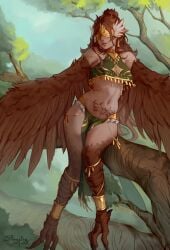 1girls armpits artist_name bare_shoulders bird_legs breasts brown_feathers brown_hair brown_wings cleavage cleavage_cutout clothing_cutout commission dark-skinned_female dark_skin ear_chain earrings eye_mask facing_viewer feathers female female female_only hair_between_eyes hair_bun harpy highres jewelry linked_piercing lips long_hair medium_breasts monster_girl navel original outdoors parted_lips pelvic_curtain piercing pointy_ears pubic_tattoo revealing_clothes sitting_on_branch sleepingsol smile solo stomach talons tan tattoo thighs tree underboob winged_arms wings