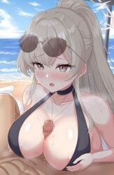 1boy babouto blue_archive blue_sky blush breasts censored cum cum_on_body eyewear_on_head facial female highres large_breasts long_hair mosaic_censoring nagisa_(blue_archive) nagisa_(swimsuit)_(blue_archive) ocean open_mouth outdoors paizuri paizuri_under_clothes penis simulated_facial sky swimsuit
