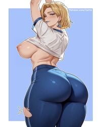 absurdres arms_up artist_name ass blonde_hair blue_background blue_eyes blue_lips blue_pants breasts commentary crop_top earrings emma_frost english_commentary female from_behind highres huge_ass jewelry large_breasts looking_back marvel marvel_rivals nipples pants patreon_username reus_(cetta) shirt_lift shirt_up short_hair simple_background solo sportswear thick_thighs thighs torn_clothes torn_pants wardrobe_malfunction web_address x-men