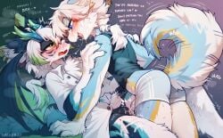 anthro blue_body blue_eyes blue_fur blush bodily_fluids canid canine clothed clothing cum cum_on_clothing cum_on_face cum_on_leg digital_media_(artwork) dragon duo english_text erection fur furred_dragon furred_scalie genital_fluids hair heart_symbol hi_res horn male male/male mammal mythological_creature mythological_scalie mythology open_mouth qzed saliva saliva_string scalie simple_background smile swaybat tail tail_motion tailwag teeth text tongue white_body white_fur wings yellow_body yellow_eyes yellow_fur