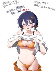 1girls bare_belly bare_hands bare_hips bare_midriff bare_navel bare_shoulders bare_skin bare_thighs belle_(summer_skies)_(zenless_zone_zero) belle_(zenless_zone_zero) belly belly_button big_breasts bikini bikini_bottom bikini_top black_hair black_hair_female blush blush_face blushing_at_viewer blushing_female blushing_lines breasts brother_and_sister busty busty_female busty_girl cleavage collarbone curvaceous curvaceous_body curvaceous_female curvaceous_figure curvaceous_hips curvy curvy_body curvy_female curvy_figure curvy_hips dialogue digital_drawing digital_media elbows embarrassed embarrassed_expression embarrassed_female english english_dialogue english_text exposed_belly exposed_hips exposed_midriff exposed_navel exposed_shoulders exposed_skin exposed_thighs exposing exposing_breasts exposing_chest exposing_self female female_focus female_only fingers flustered flustered_female green_eyes green_eyes_female groin hair_between_eyes hair_clip hair_ornament hairclip hairclips halterneck high_resolution highres hourglass_figure incest inguinal_crease inguinal_ligament karasawamiko large_boobs large_breasts lean_figure looking_at_viewer male male_pov midriff narrow_waist navel official_alternate_costume open_mouth open_mouth_smile orange_bikini orange_bikini_bottom orange_bikini_top orange_string_bikini orange_swimsuit orange_swimwear parted_lips plump_breasts short_hair shoulders showing_breasts showing_chest simple_background slender_body slender_waist slim_waist smile smiley_face smiling smiling_at_viewer smug smug_expression smug_eyes smug_face smug_grin smug_smile solo speaking standing string_bikini swimsuit swimwear text thigh_gap thighs thong_bikini tongue twintails twintails_(hairstyle) upper_body upper_teeth white_background wide_hips wise_(zenless_zone_zero) zenless_zone_zero