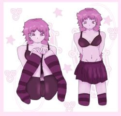 belly_button bra breasts earrings female female_focus female_only girl heart_eyes medium_breasts panties pink_background pink_hair pink_skin skirt solo wet