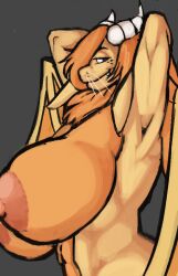 anthro big_breasts big_nipples breasts bunny_dragon chest_tuft female golden_(milehighbrid) hair horn hybrid long_ears long_hair looking_at_viewer muscular nipples nude side_view smile smirk solo tinboryte tuft wings