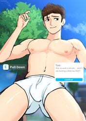 1boy big_penis black_eyes black_jacket brown_hair bulge dialogue gay male male_focus male_only nexophyte outdoors outside penis roblox roblox_game robloxian solo solo_focus solo_male source_request text tom_(welcome_to_bloxburg) underwear welcome_to_bloxburg yaoi