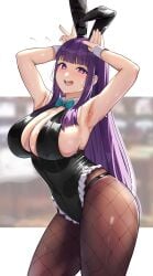 1girls :d animal_ears armpits black_leotard blunt_bangs blurry blurry_background bow bowtie breasts brown_pantyhose cleavage commentary detached_collar fake_animal_ears female fern_(sousou_no_frieren) fishnet_pantyhose fishnets forced_smile green_bow green_bowtie highleg highleg_leotard highres large_breasts leotard long_hair looking_at_viewer pantyhose playboy_bunny purple_eyes purple_hair rabbit_ears rabbit_pose sideboob simple_background smile solo sousou_no_frieren sweat white_wrist_cuffs wrist_cuffs yami_anko