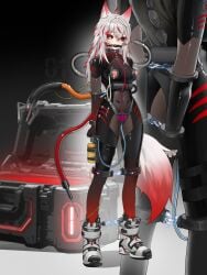 absurdres ahoge animal_ear_fluff animal_ears ankle_cuffs arms_behind_back ball_gag bodysuit breasts brown_eyes covered_navel cuffs elegia female gag gagged grey_hair handcuffs highres lactation large_breasts long_hair multicolored_hair nipple_cutout nipples original red_hair restrained saliva_drip sex_machine shoes skin_tight skindentation sneakers solo standing stationary_restraints streaked_hair