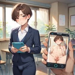 1boy 1femboy ai_generated balls brown_hair cellphone crossdressing exposure femboy feminine_male girly holding_cellphone holding_phone holding_smartphone juxtaposition male monkeyskill penis phone photo_comparison ruined_reputation smartphone testicles trap