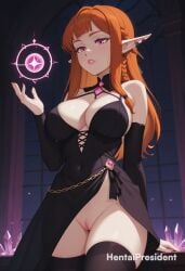 ai_generated bangs black_dress breasts cleavage cleft_of_venus covered_navel dress elf elf_ears elf_female elf_girl female female female_only hand_up hentaipresident indoors large_breasts long_hair magic magical_girl medium_breasts no_panties nopan orange_hair parted_lips pink_eyes pointy_ears purple_eyes red_hair solo standing teeth uncensored uncensored_pussy uncensored_vagina vagina