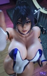 1girls 3d accessory areolae black_hair blue_eyes breasts female female_only fumitan_admoss glasses gundam gundam_tekketsu_no_orphans hagiwara_studio highres solo