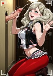 1boy :d ai_generated ann_takamaki aqua_eyes artist_name atlus bare_shoulders battery_indicator blonde_hair blue_eyes blush boots breasts brown_footwear cheerleader clothing crop_top cum earrings ejaculation erection female footwear from_side hair_ornament hairclip handjob hood indoors jacket jewelry jousneystudio kneeling large_breasts leggings lips long_hair looking_at_viewer male medium_breasts megami_tensei microskirt midriff miniskirt navel open_clothes open_mouth pantyhose patreon_logo patreon_username penis persona persona_5 persona_5_royal pleated_skirt pubic_hair recording red_pantyhose shin_megami_tensei skirt sleeveless sleeveless_jacket smile solo_focus stomach straight swept_bangs takamaki_anne trembling twintails veins veiny_penis vest white_shirt zipper