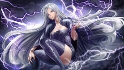1girl alternate_version_available black_hair clothing elemental_girls elemental_manipulation female fully_clothed game_cg hera_(elemental_girls) ir_studio lightning pale-skinned_female solo white_hair