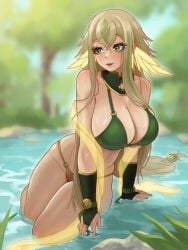 1girl bidulite bikini blush dancer_outfit duel_monster green_eyes hu-li_the_jewel_mikanko large_breasts partially_clothed shiny_skin solo two_tone_hair water yu-gi-oh!