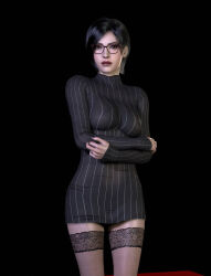 3d_(artwork) 3d_model 3d_render aalluu1 ada_wong ada_wong_(adriana) asian asian_female black_background black_hair brown_eyes chinese_female crossed_arms dress female fit_female glasses lace-trimmed_thighhighs lipstick long_sleeve_dress nipples nipples_visible_through_clothing resident_evil resident_evil_4 resident_evil_4_remake see-through see-through_clothing see-through_dress short_hair simple_background sleeve_dress stockings stripes thighhighs zettai_ryouiki