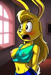 ai_generated blush female female_only furry jazz_jackrabbit_(series) lori_jackrabbit malfunction open_mouth rabbit_girl self_upload suprised tearing_clothes torn_clothes wardrobe wardrobe_malfunction
