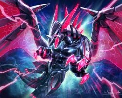 2022 5:4 black_body bodily_fluids claws dorsal_fin dorsal_frill dragon ear_fins feral fin frill_(anatomy) genital_fluids genitals hi_res horn leaking_precum machine male multicolored_body mythological_creature mythological_scalie mythology negadrake neganeura penis precum red_body red_eyes robot scalie science_fiction spines wings