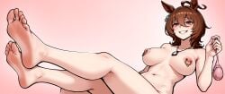 agnes_tachyon_(umamusume) ai_generated castrated castration cbt cock_and_balls_torture feet female femdom foot_fetish foot_focus horse_ears horse_tail looking_at_viewer navel nipple_piercing nude piercing smile smiling testicles