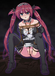 airi airi_(queen's_blade) arms_behind_back between_labia bondage bound bound_legs box_tie breast_bondage breasts crotch_rope female innie_pussy maid pussy queen's_blade red_hair ryuu_ryuu thighhighs tied_hair twintails