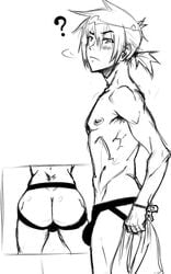 1boy armpit armpit_hair ass black_and_white blush bulge jockstrap key looking_at_viewer male male_only monochrome ponytail presenting presenting_hindquarters short_hair short_ponytail soil_(artist) solo surprised tied_hair uncensored underwear undressing