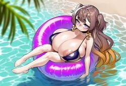 1girls ai_generated anya_melfissa barefoot bikini black_bikini blonde_hair brown_hair floating hololive hololive_indonesia huge_breasts in_water long_hair nipple_slip purple_eyes thighs virtual_youtuber